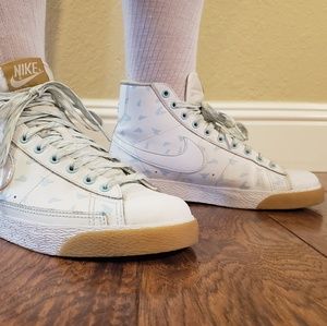 White Nike High Top Sneaker with Blue birds